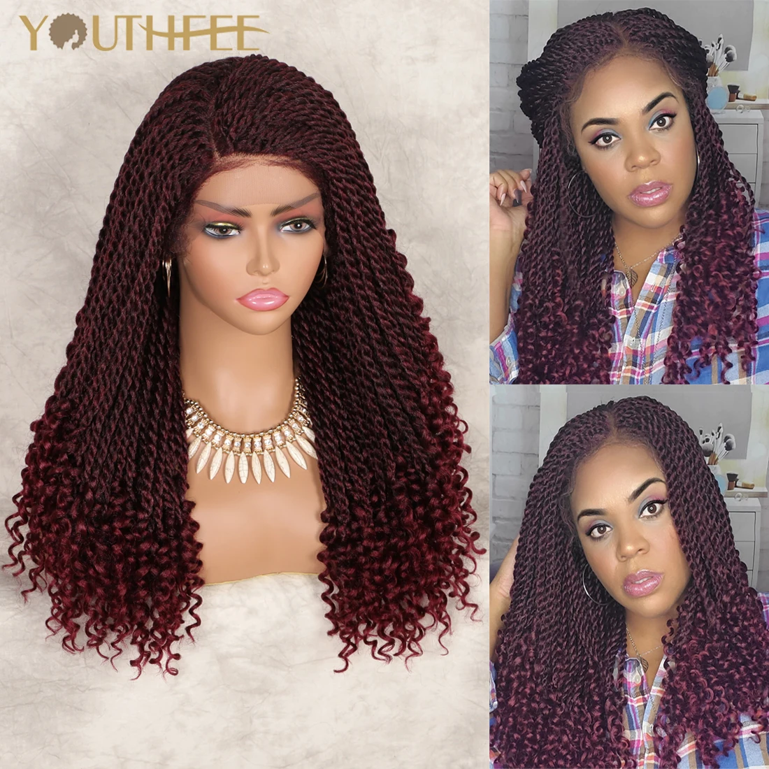 Youthfee Braided Wigs Lace Front Synthetic Wig With Baby Hair 20" Twist Braid Wigs With Curls For Women Lace Frontal Braid Wig