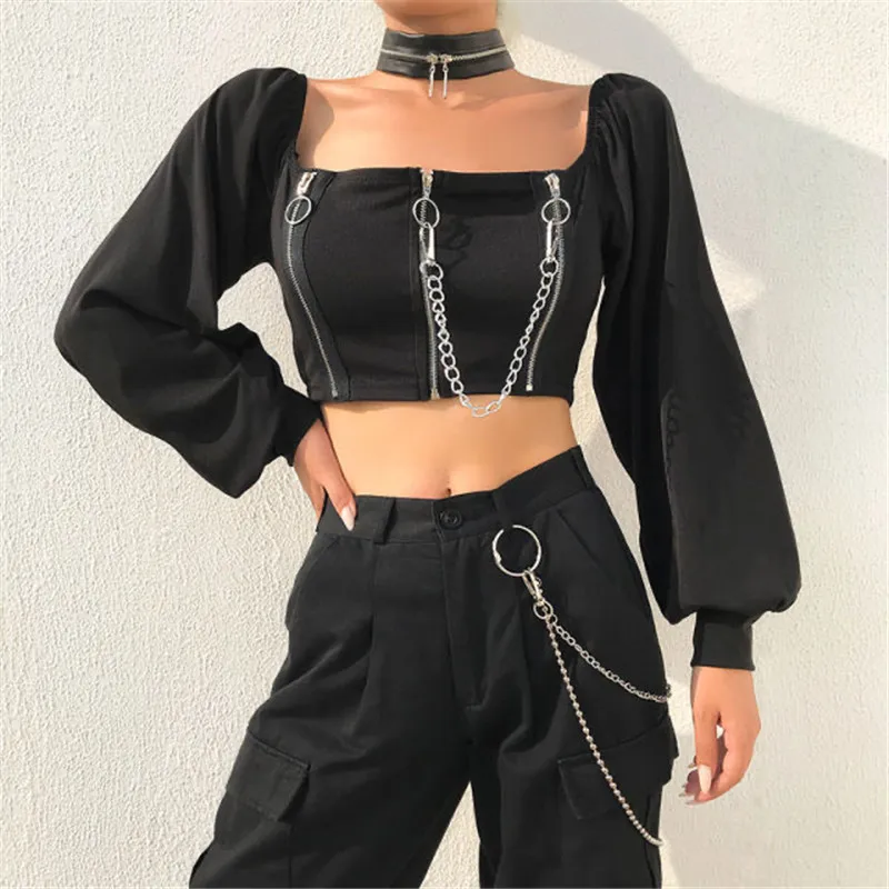Female Women's Casual Off Shoulder Square neck Blouse Ladies sexuality zipper club Cool girl streetwear bare midriff Crop Tops
