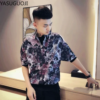 

YASUGUOJI New 2020 Summer Men's Patchwork Fashion Printed Shirt Men's Half-Sleeved Loose Club Prom Shirt Men Amisa Masculina