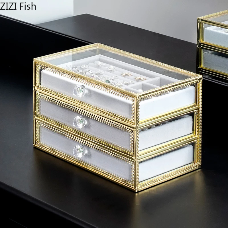 

Copper Edge Glass Jewelry Storage Box Multi-layer Earrings Ring Necklace Storage Box European Style Dust-proof Storage Tool
