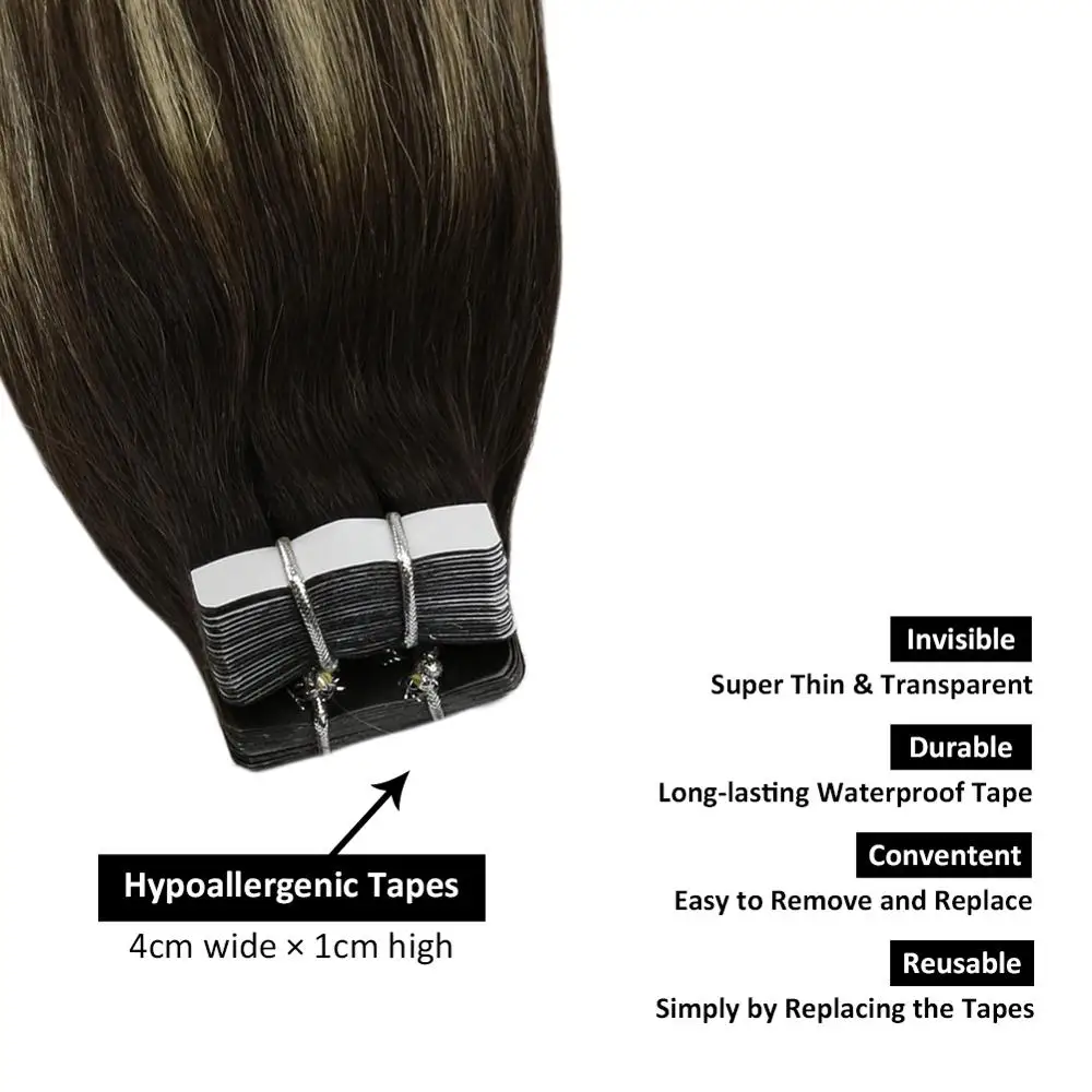 Ugeat 12-24'' Tape in Hair Extensions Real Hair 100% Human Hair 10pcs/20pcs/40pcs Machine Remy Seamless Invisible Skin Weft
