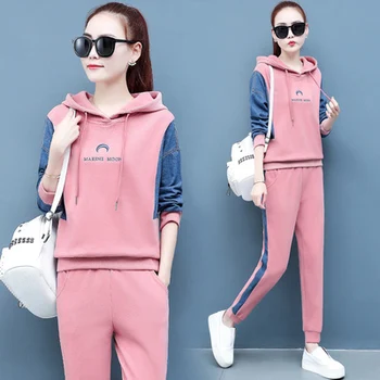 

Large Size Casual Hooded Top&pants Set Fashion Women Two Piece Outfits Patchwork Tracksuit For Women Hoodies+pants