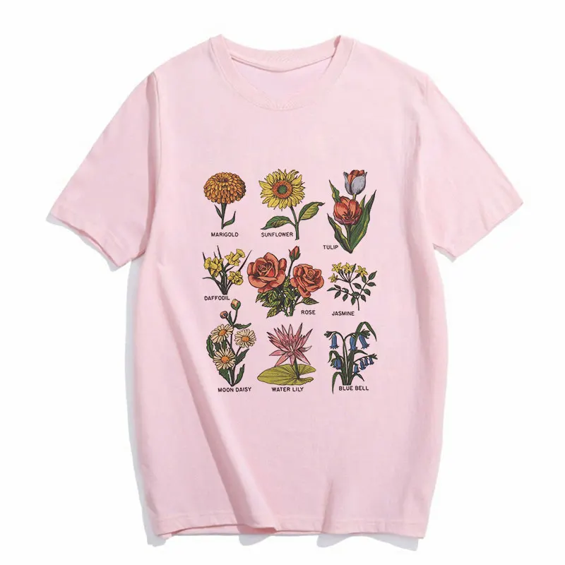 Модная женская футболка Sunshine Plant This Wild Flower Print T Shirt цветочные графические футболки Harajuku рубашка Повседневная футболка Femme Топы - Цвет: 1575-pink