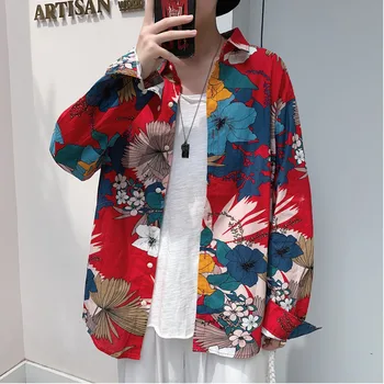 

Men's long-sleeved shirt 2019 autumn and winter new loose long-sleeved shirt flower shirt youth fashion trend men's clothing