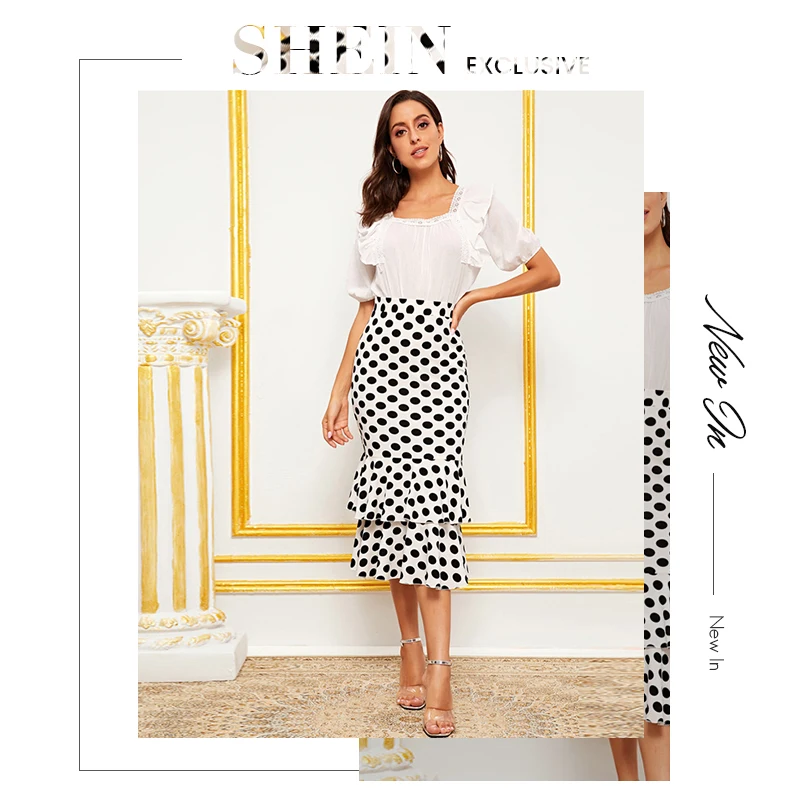 SHEIN, черно-белая многослойная юбка в горошек с подолом в виде рыбьего хвоста, элегантная юбка для женщин, осень, высокая талия, широкий пояс, вечерние Юбки-миди