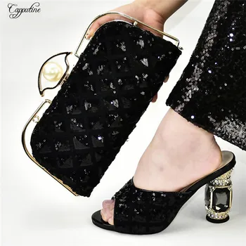 

Excellent black with sequins African high heel pump shoes and bag sets for party 398-1, heel height 10.5cm