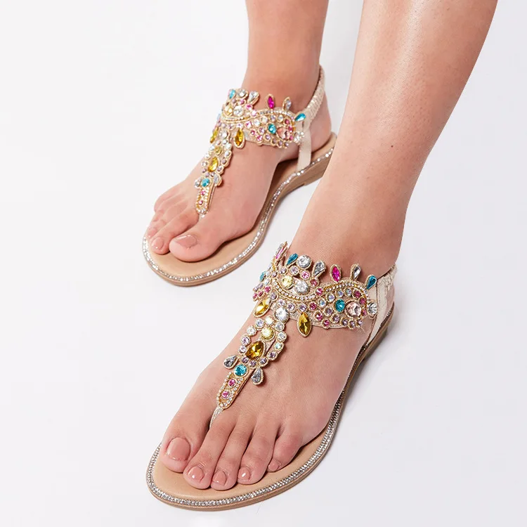 

2019 Summer Hot Selling Sandals Colorful Crystals Beach Sandals round-Toe Flat Top Shoes Casual Plus-sized Sandals Currently Ava