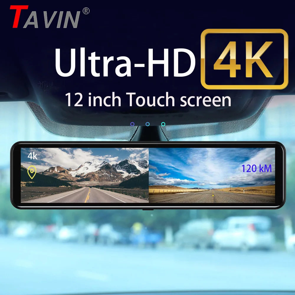 

TAVIN 12'' Rearview mirror Car dvr 4k 2160P Touch Screen dash cam Video Recorder With GPS Night vision Dash camera