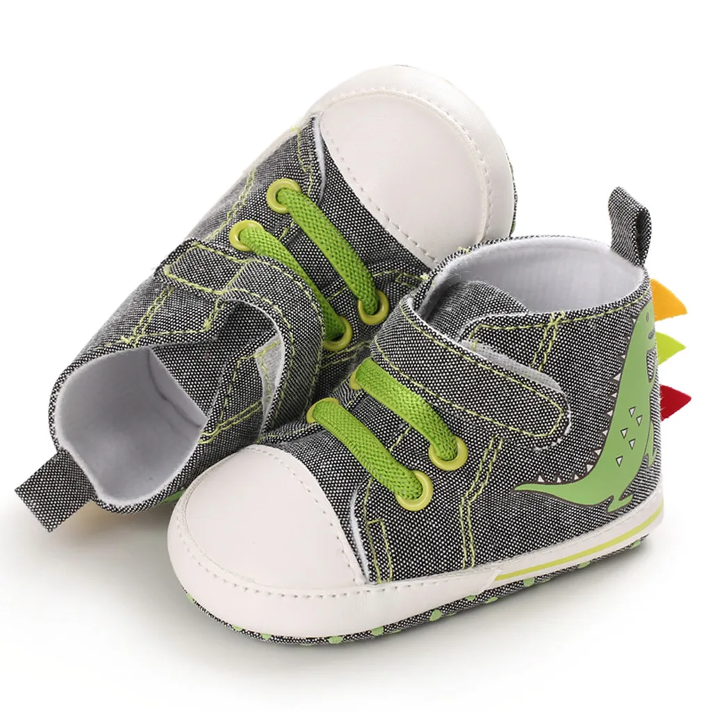 Обувь для новорожденных; кроссовки для мальчиков и девочек; однотонные Нескользящие кроссовки с рисунком динозавра; обувь для малышей с мягкой подошвой на застежке-липучке