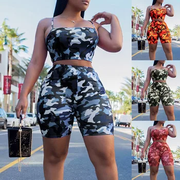

Summer Women's 2 piece set Plus size Casual Home Camisole Camouflage Sports Vest Tops + shorts Women Set костюм женский костюмы
