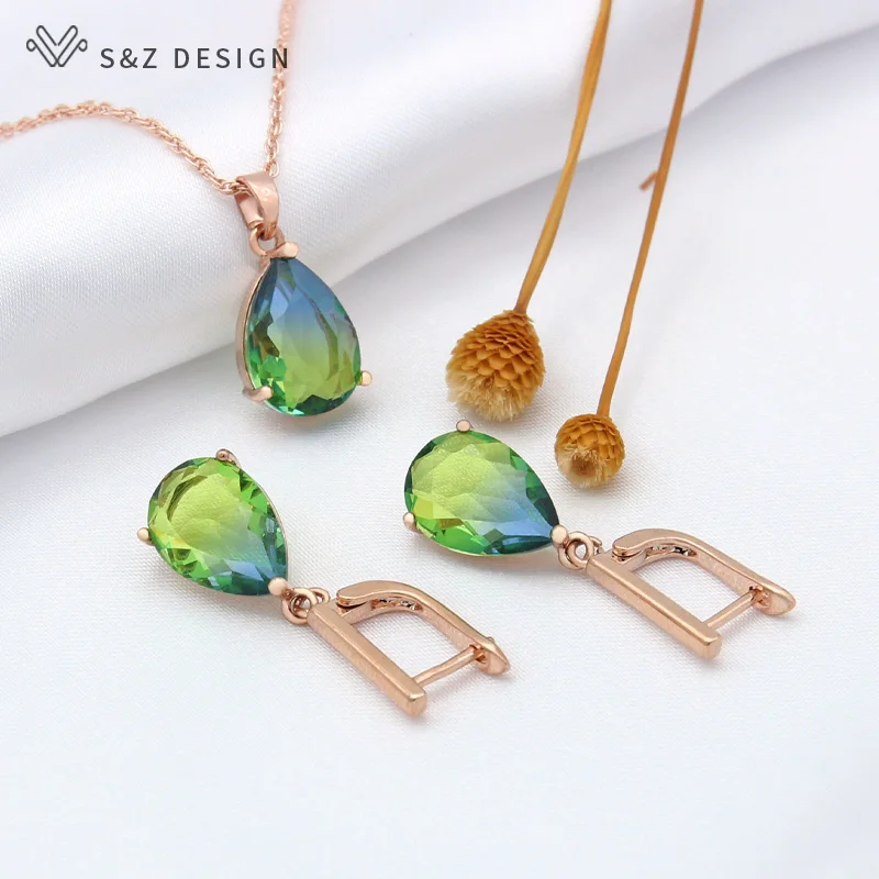 S&Z DESIGN New Fashion Rose Gold Color Water Drop Tourmaline Dangle Earrings Jewelry Sets For Women Party Pendant Necklace Gift