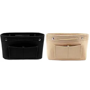 

2 Pcs Women Fashion Felt Cloth Inner Bag Fits in Insert Handbag Bags Storage Belongings Organizer-Black & Beige