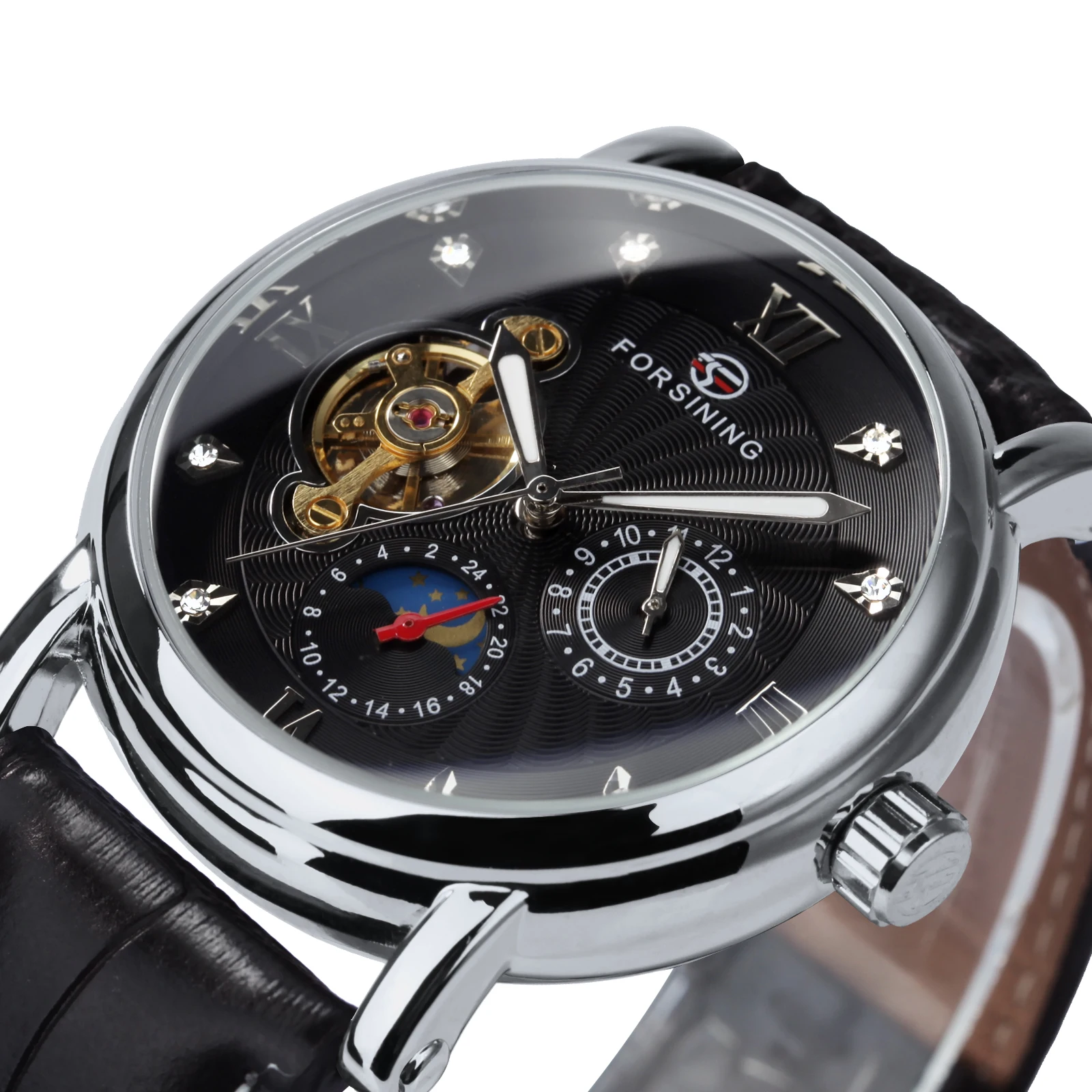 Forsining Fashion Iced Out Luxury Watch for Men Mechanical Wristwatches Leather Strap Moon Phase Luminous Pointers Tourbillion | Наручные