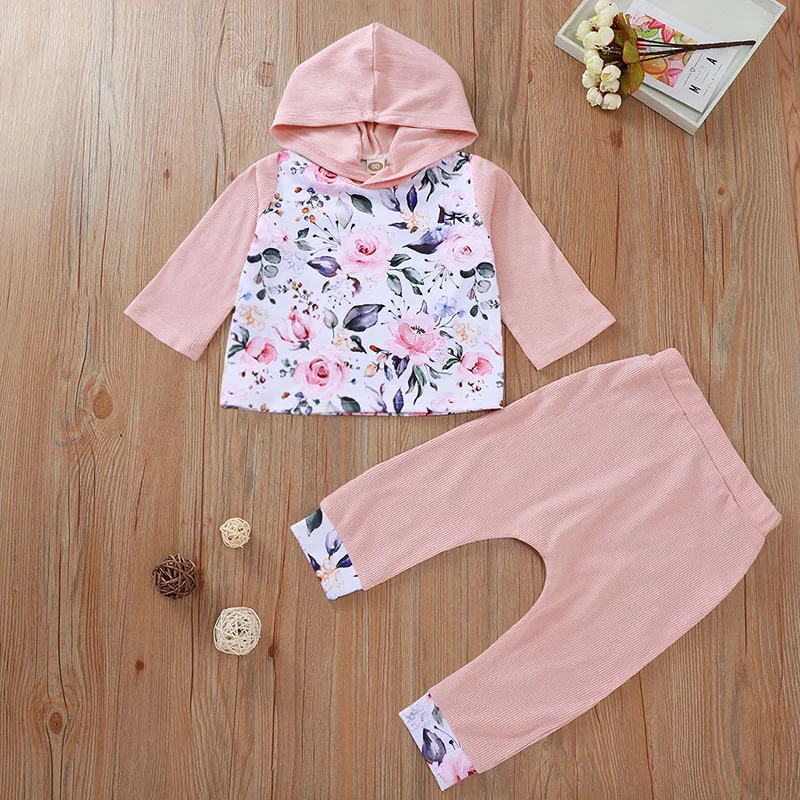  Newborn Baby Girl Clothes Long Sleeve Floral Pink Hooded Top and Pants Baby Girl Fall Clothes Two P