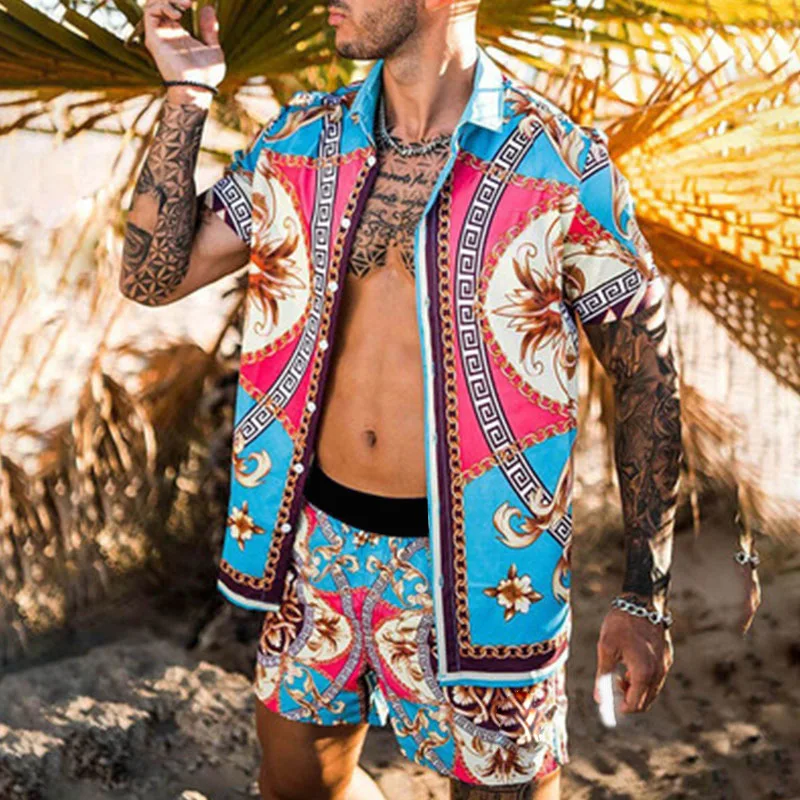 Hot Selling 3 Style Beach Men Sets National Style Hawaiian printing Mens  Short Sleeve blue Casual Traveling Two Piece S-3XL