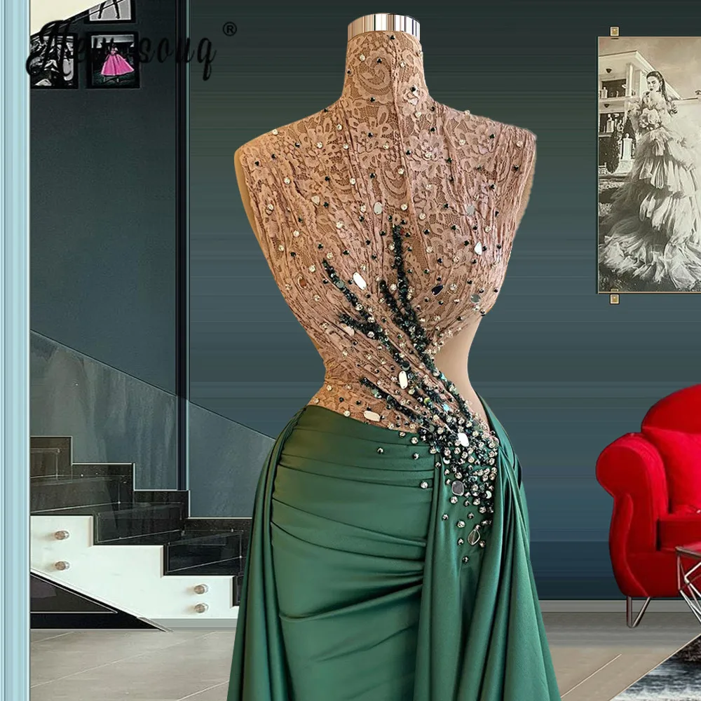 

Abendkleider 2021 Prom Gown Nude Lace High Neck Evening Dresses Muslim Crystals Beaded Arabic Formal Dress Long Vestidos