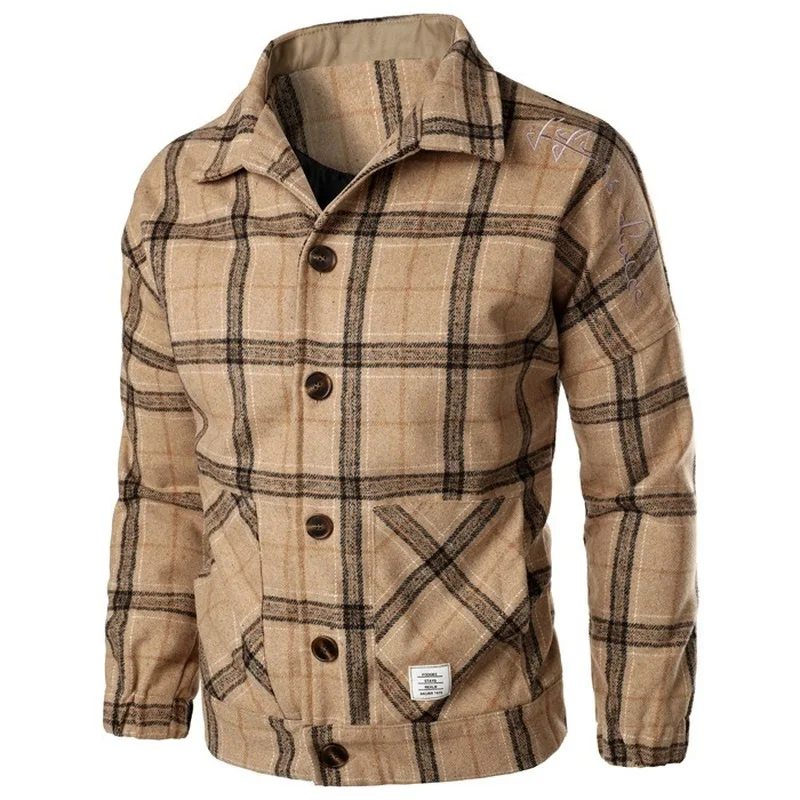 

Woolen Jacket Autumn Men Fashion Retro Printing Casual Plaid Coat Men Streetwear Loose Overcoat Male Clothes Large Size