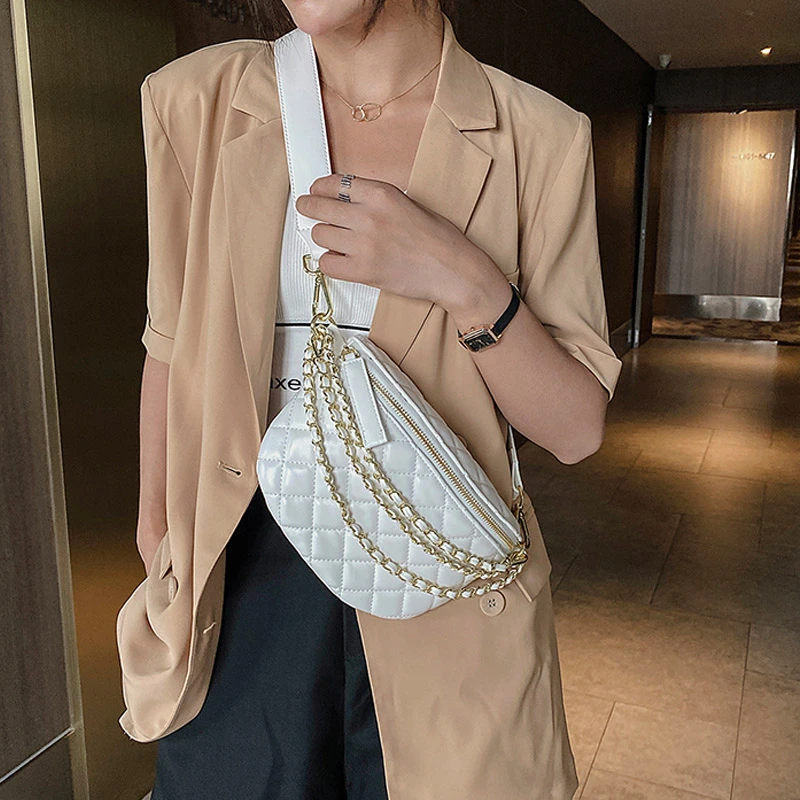 Riñoneras con cinturón de hombro ancho para mujer, bolso bandolera de piel sintética con cadena, a la moda, 2021|Riñoneras| -