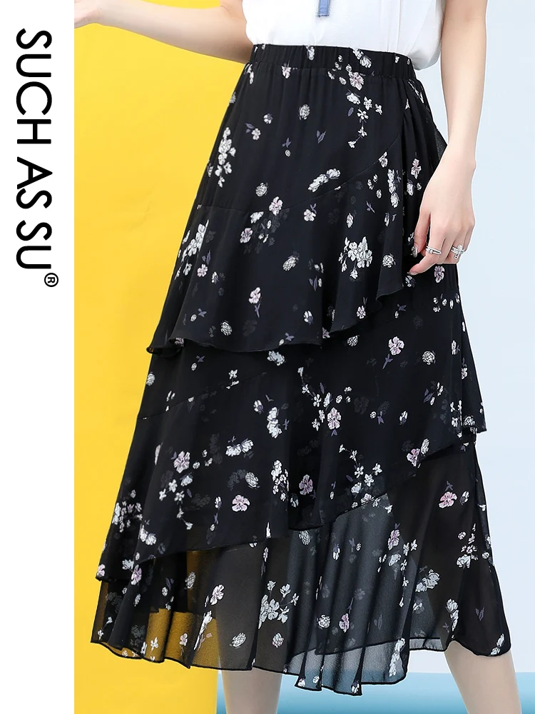 

Summer 2020 Korean Irregular Skirts 3 Color Chiffon Print Skirt Women High Waist Asymmetry Skirt Elastic Slim Mid Long Skirts