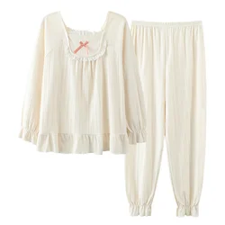 Autumn Winter Knitted Cotton Women Pajamas Set Long Sleeve Round Neck Loose Soft Plus Size M-4XL Female Lounge Nighty Homewear