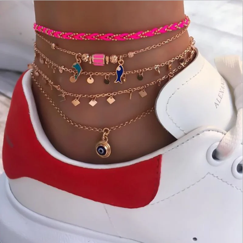 Tocona Cute Gold Chain Fish Eye Pendant Anklets Set for Women Multi-layer Braided Rope Ankle Chain Foot Jewelry 8759 Tocona Cute Gold Chain Fish Eye Pendant Anklets Set for Women Multi-layer Braided Rope Ankle Chain Foot Jewelry 8759