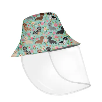 

Cartoon Dachshund and Flower Pattern Women Sun Cap Foldable Bucket Hat with Mask Ladies Outing Fisherman Hat Cover Sombrero