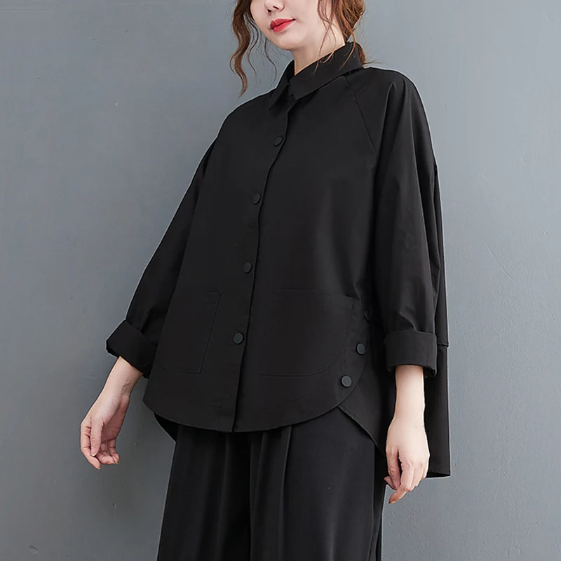 Patchwork Button Pocket Green Oversized Blouse Women New Long Sleeve Loose Casual Shirt Tops Fashion Clothes Spring Autumn 2025