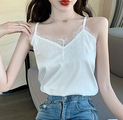Haut Femme Summer Tops 2022 V-Neck Lace Tank Top Women Clothes White Cami Camisole Satin Silk Vest Woman Plus Size Ropa Mujer black camisole Tanks & Camis