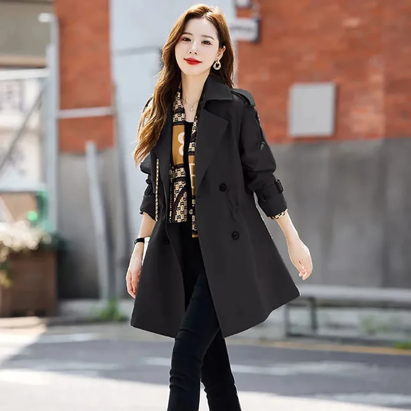 

Korean Fashion Women Mid Length Trench Coat Casual Turn-Down Collar Double Breasted High Quality Windbreaker Classic Outerwear