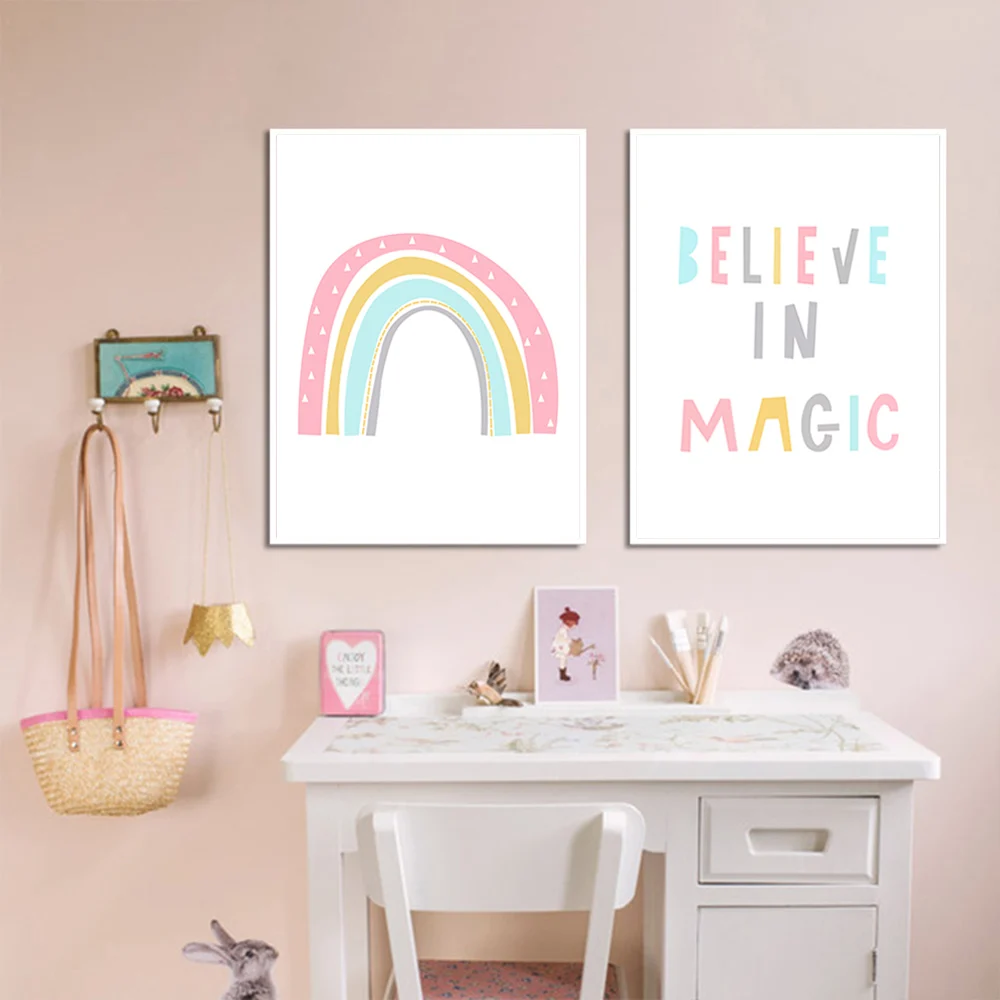 Colorful-Rainbow-Nursery-Canvas-Print-Poster-Believe-In-Magic-Quotes-Wall-Art-Posters-Pink-Wall-Painting (2)