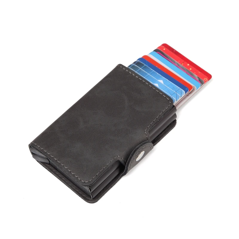 Женщины Двойной Алюминий кожаный держатель кредитной карты RFID Металл Кошелек автоматические всплывающие Anti-theft кошелек Бизнес ID карточки - Цвет: Темно-серый