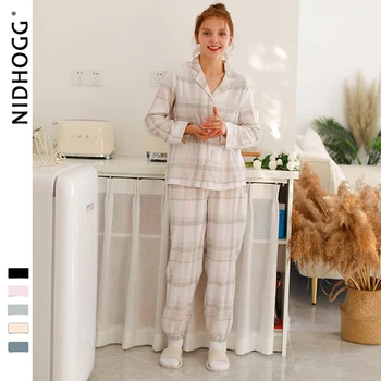 

2019 Couple Pijama Mujer Pj Set Brushed Fabric Plaid Printing Pajamas Long-sleeved Shirt Women Sleepwear Autumn Womens Two Piece