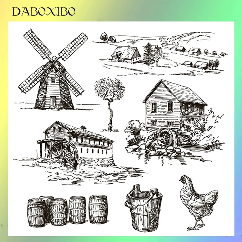 

DABOXIBO Windmill Countryside Clear Stamps For DIY Scrapbooking/Card Making/Photo Album Silicone Decorative Crafts13X13