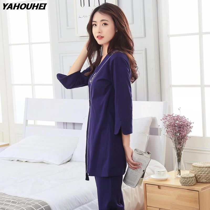 

High Quality 100% Cotton Kimono Pajama Sets for Women 2019 Autumn Winter Long Sleeve Pyjama Pijama Lounge Homewear Home Clothing