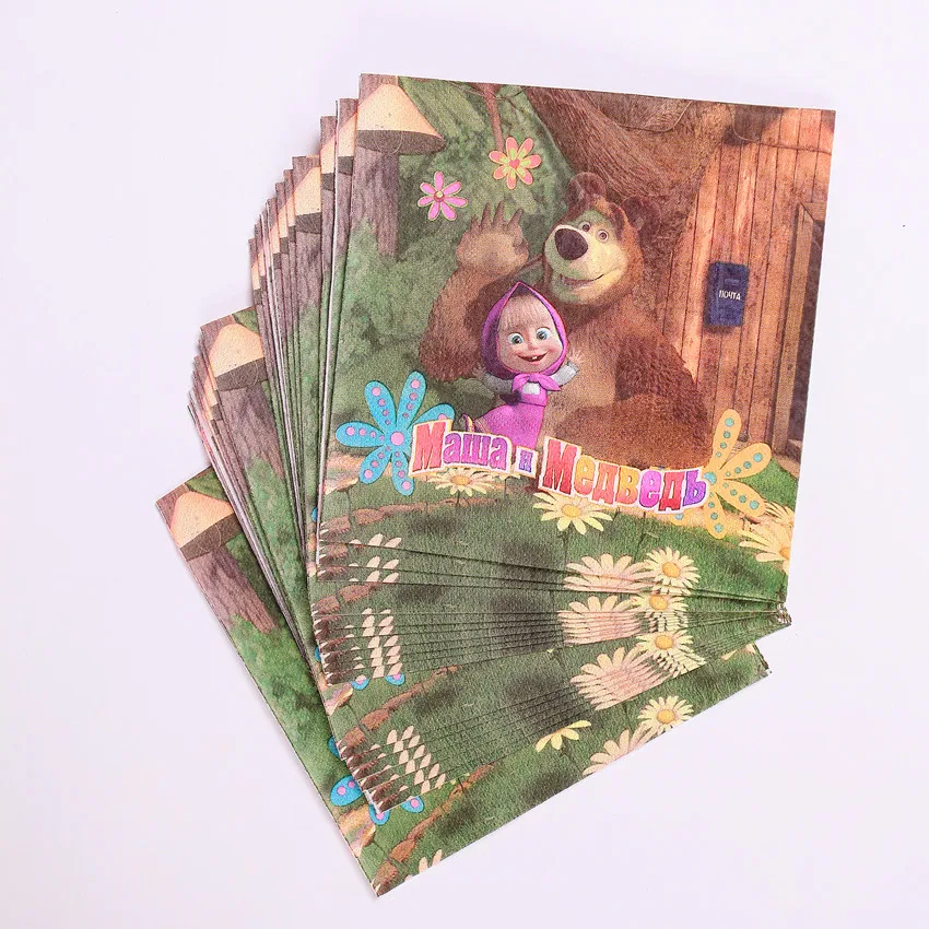 Napkin 20Pcs С героями мультфильма «Маша и Медведь» тема, детский душ украшения для детей девочкам непременно понравится День рождения, мероприятие, Вечеринка Бумажные стаканчики и тарелки баннер одноразовая посуда - Цвет: Napkin 20Pcs