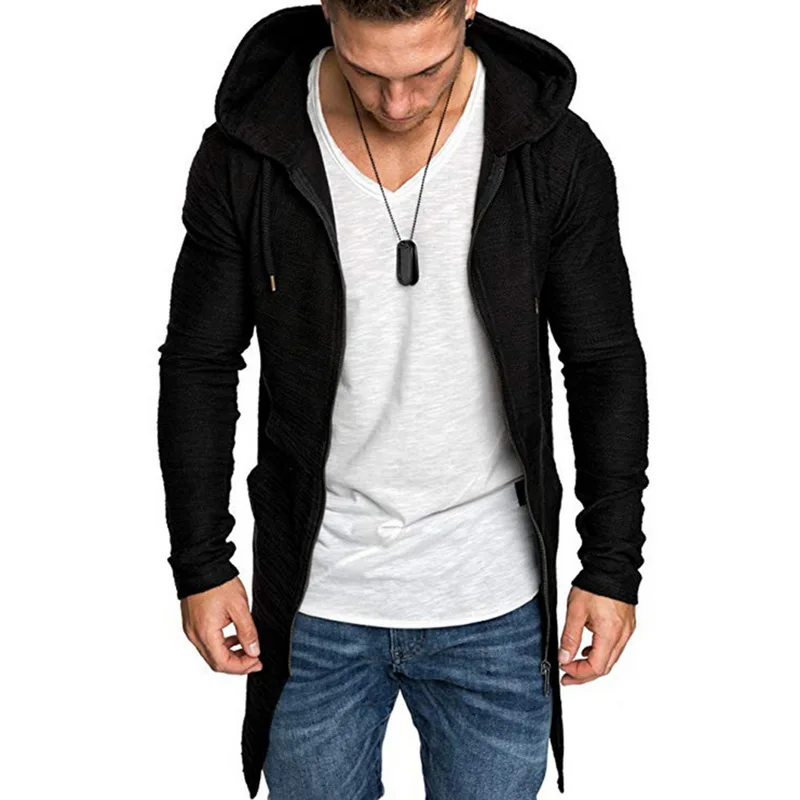 Cheap 2019 New Mens Hooded Solid Trench Coat Jacket Cardigan Irregular hem Long Sleeve Slim Fit Coat