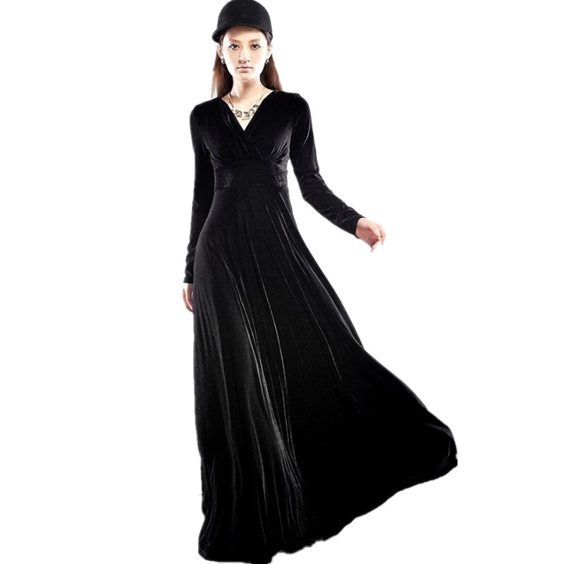 

Velvet Maxi Dresses Women Plus Size Black Red Green Long Sleeve V Neck Party Long Pleated Dress Robe Femme Autumn Winter 2019