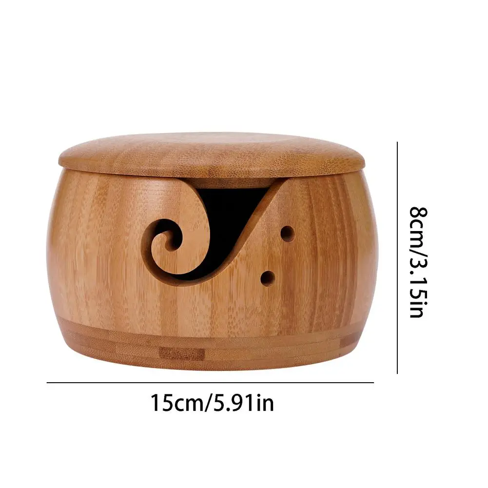 Wooden Yarn Bowl Knitting Wool Holder Yarn Storage Round Basket With Lid &  2 Holes Handmade Craft Crochet Kit Organizer Gift