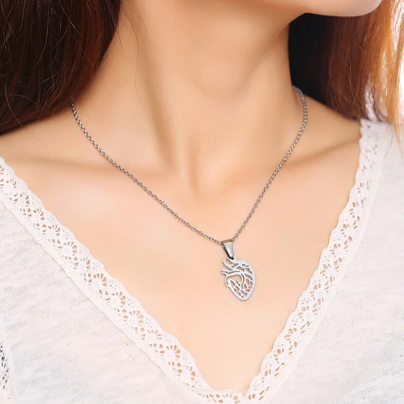 Modyle Women Charm Silver Color Anatomical Heart Pendant Necklace Stainless Steel Anatomy Physical Medical Science Jewelry