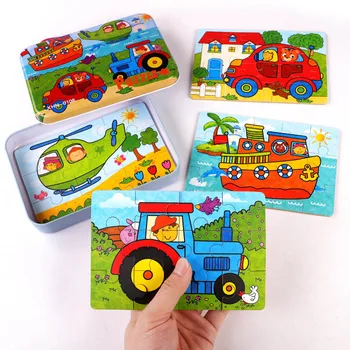 

56pcs/Box 4 in 1 Cartoon Puzzle Wooden Puzzles Game Animal Wood Toy Stereo Early Education Lron Box Toys for Children Gift