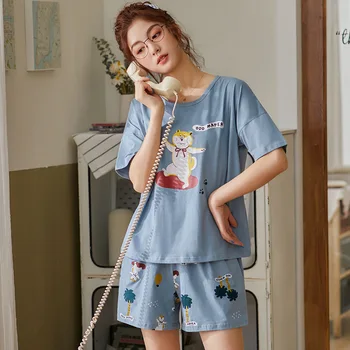 

Pajamas Women's Summer Short-Sleeved Energetic and Cute round Neck Casual Leisure Tops Thin Two-Piece Set