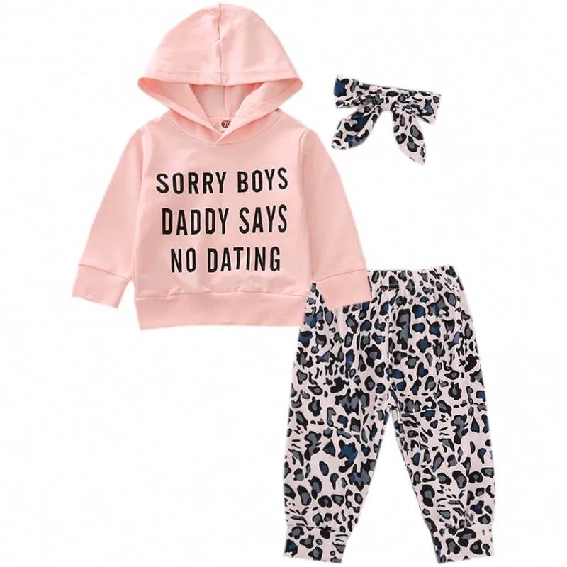 

Spring Autumn 3 Pieces Baby Suit Set, Letter Print Long Sleeve Hooded Top+ Leopard Print Trousers+ Headband