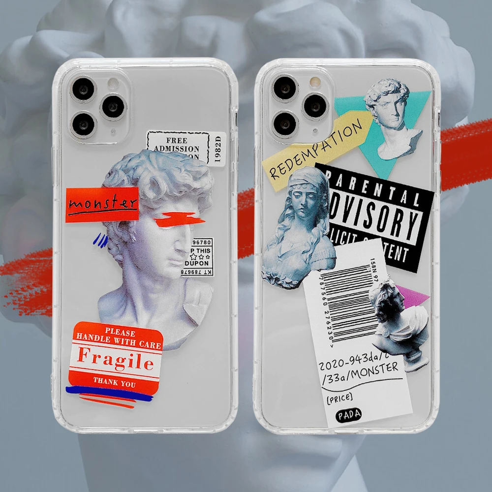 

Creative statue phone case for iphone 6s 7 8 plus transparent xs xr max soft personality 11pro back cover