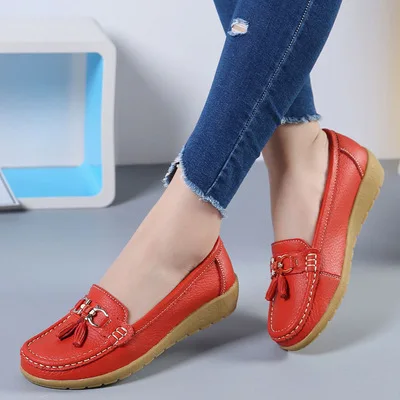 KUIDFAR Women Flats Genuine Leather Women Casual Shoes Breathable Slip-On Flat Shoes Solid Color Ladies Loafers Plus Size