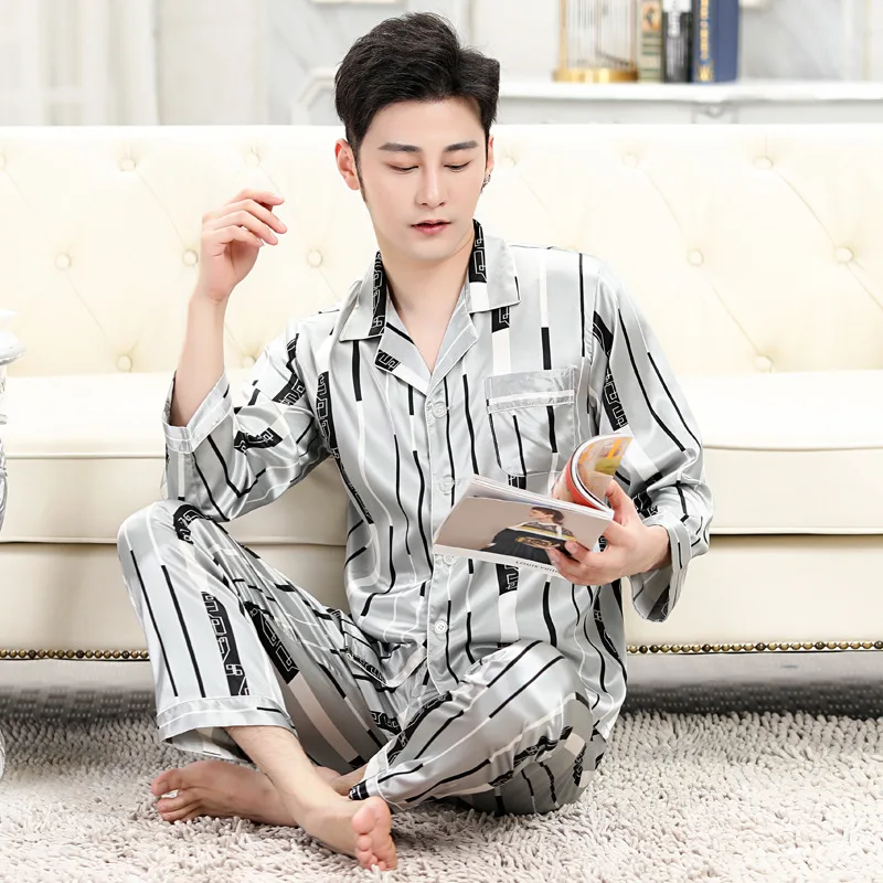 Pajamas men's spring and autumn thin ice silk pajamas men's long-sleeved summer men's pajamas short-sleeved home service suits red plaid pajama pants