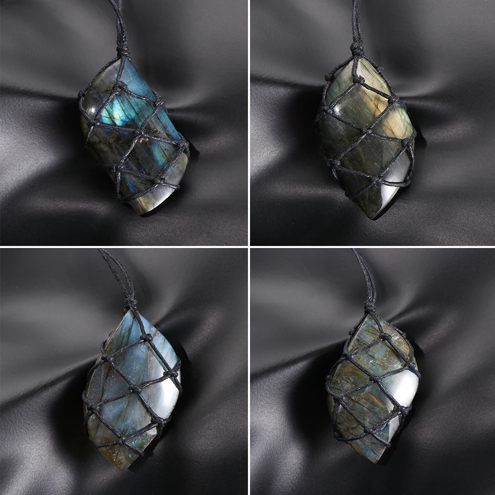 Мода натуральный камень лабрадорит ожерелье кулон обертывание плетеные бусы ожерелье в стиле «макраме» для женщин мужчин ожерелье с положительной энергетикой унисекс хит