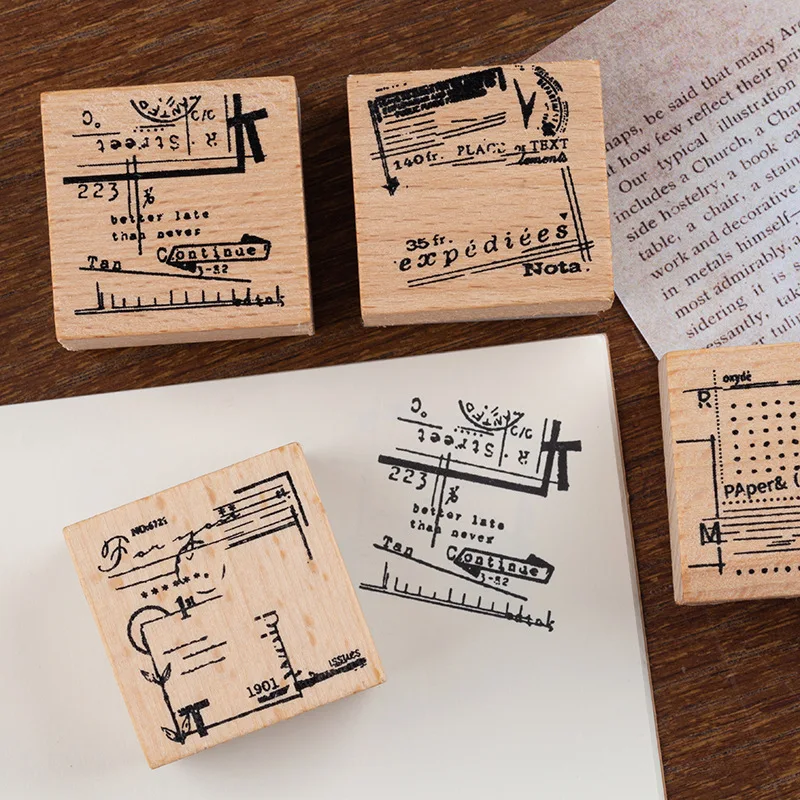 

4pcs/set Vintage Memory Series Seal Stamp Retro Objects Collage Wood And Rubber Seal Log Rubber Stamp Decorative Planner Dairy