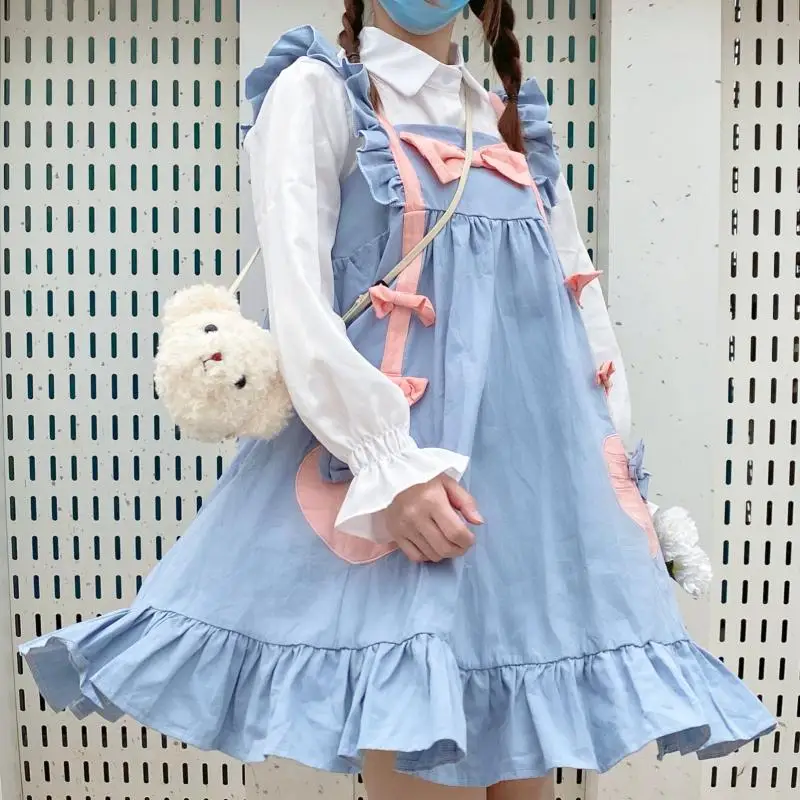 Japanese Summer Sweet Lolita Style Dress Square Collar Kawaii Bow Splice Strap Dress Sleeveless Cute Ruffles Mori Girl Dresses