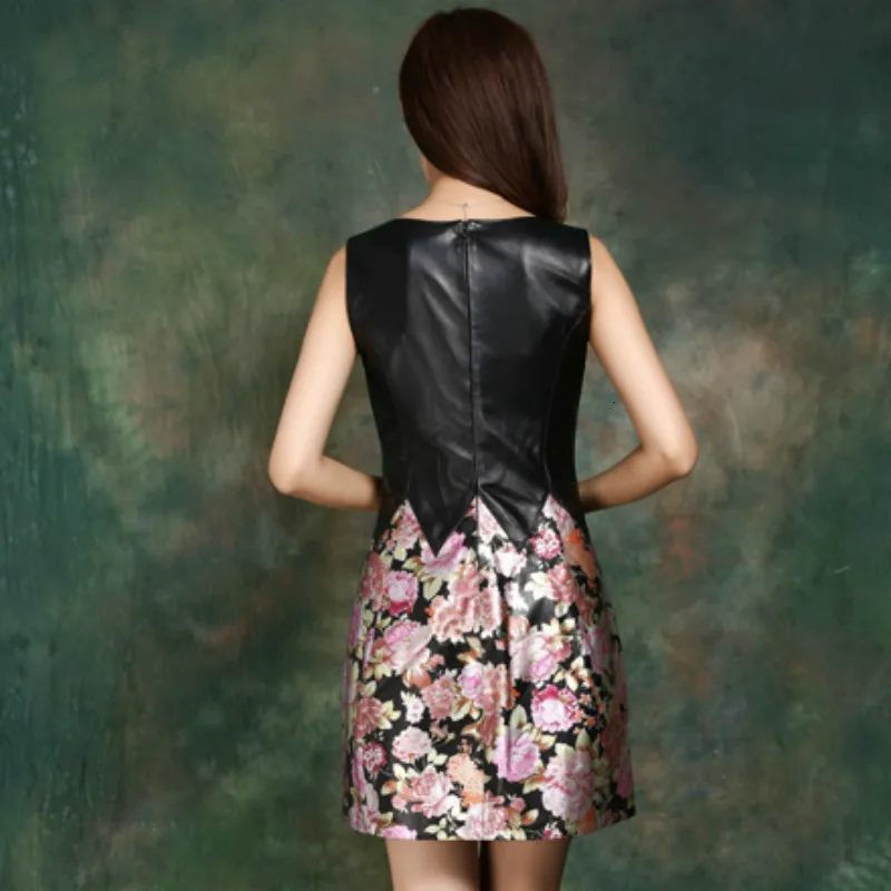 

Spring New Dresses Women Sheepskin Genuine Leather Dress Fashion Princess OL Floral Printed Wedding Party Sleeveless Robe Femme
