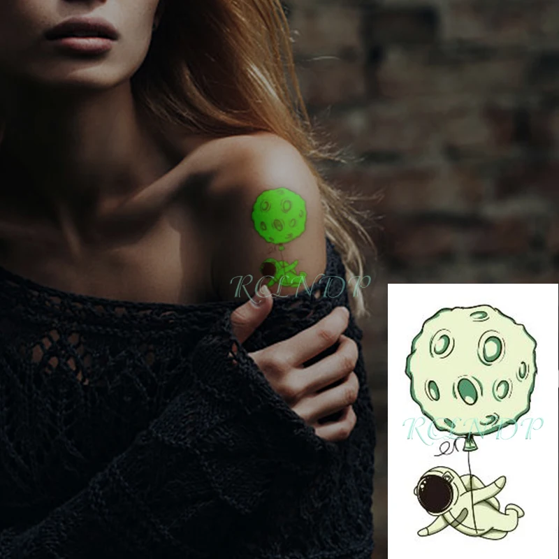 Waterproof Temporary Tattoo Sticker Astronaut Luminous Balloon Night Glow Glitter Flash Tatoo Fake Tatto for Kids Women Men